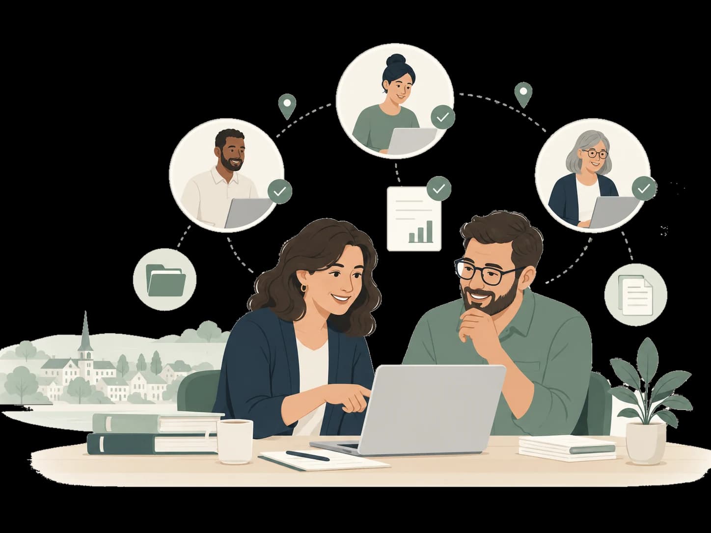 Illustration: two business owners going through their books at a laptop, with other local bookkeepers connected around them.